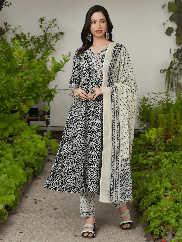 Floral Printed Anarkali Kurta with Trousers & Dupatta For Women Size - Salim Fashion