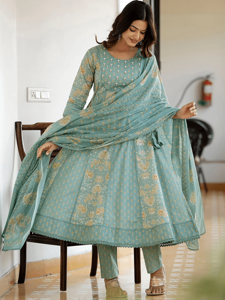 Green Floral Printed Pure Cotton Anarkali Kurta With Dupatta For Women - Salim Fashion