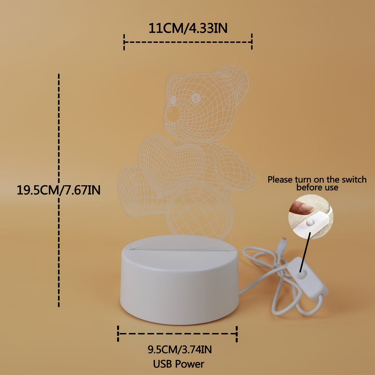 USB Romantic Pink Heart Bear 3D Night Light Decor - Salim Fashion