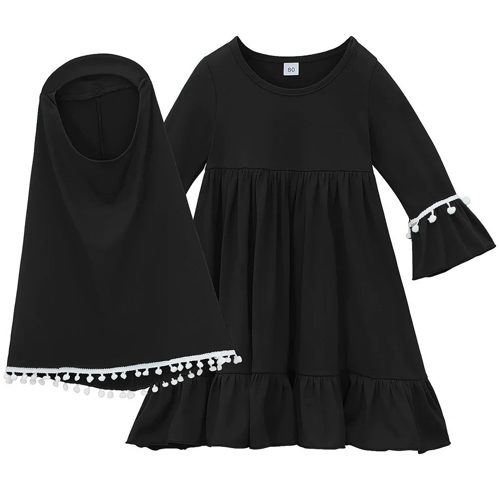 2pcs Kids Girls Hijab Abaya Muslim Set For Baby Islamic Clothing Overhead Scarf Kaftan Khimar Burqa Niqab Jalabiya Djellaba Suit