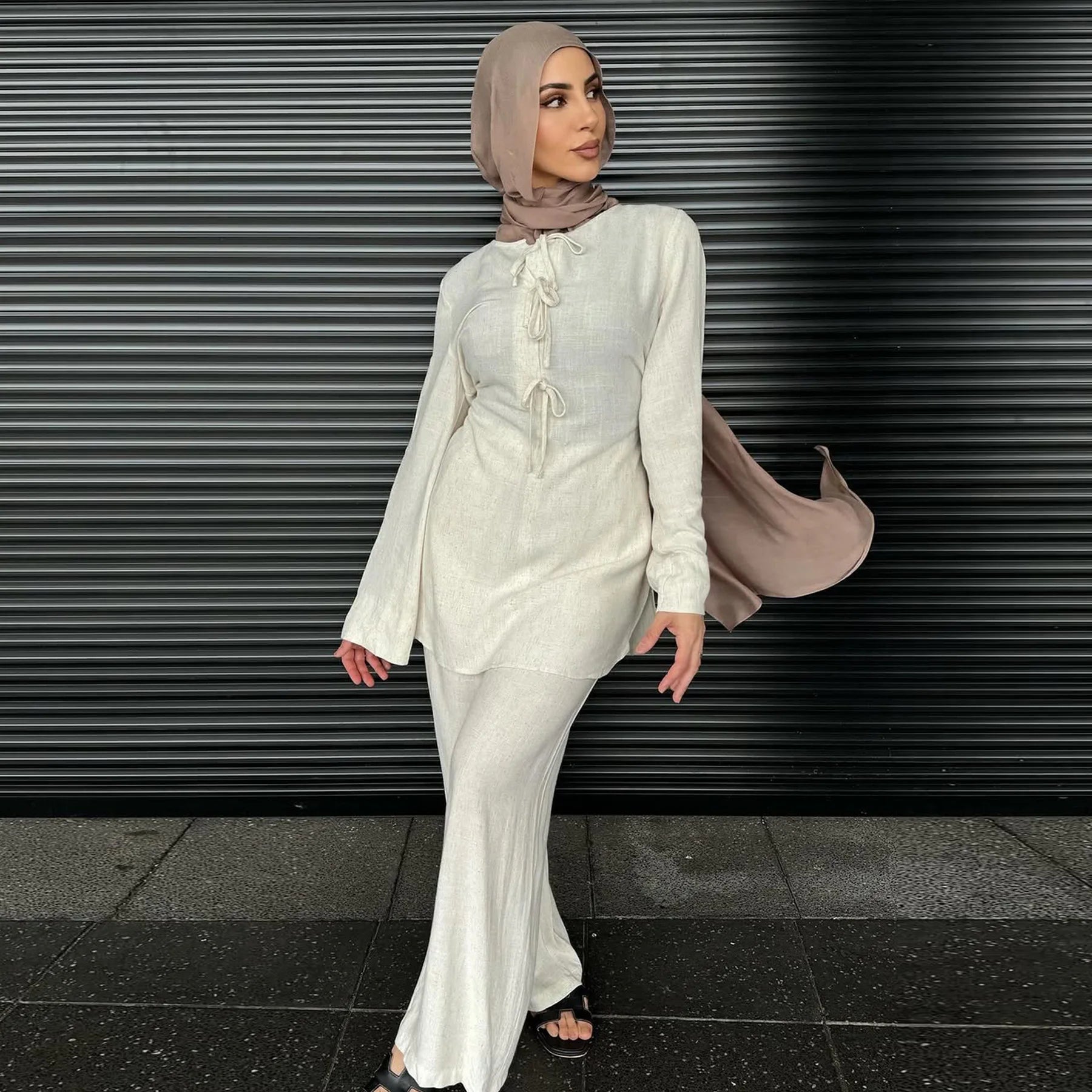 2025 Muslim Sets Two Piece Set Abaya Women Caftan Marocain Soild Top+Pant Suits Eid Ramadan Islam Clothing Ensembles Musulmans