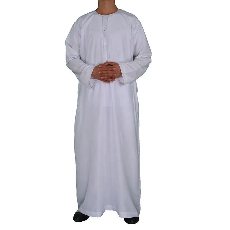 Muslim Fashion Men Jubba Thobe Long Sleeve White Color Round Neck Islamic Arabic Kaftan Men Abaya  Islamic Clothing