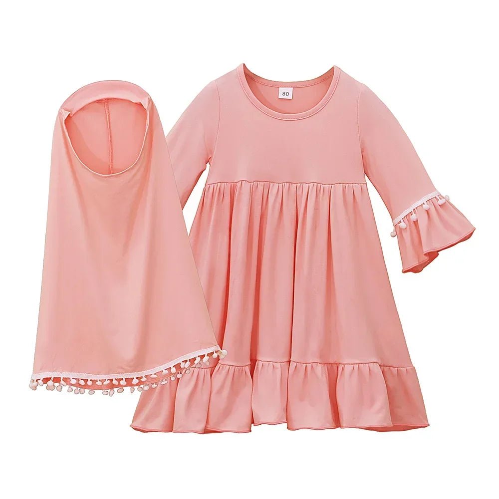 2pcs Kids Girls Hijab Abaya Muslim Set For Baby Islamic Clothing Overhead Scarf Kaftan Khimar Burqa Niqab Jalabiya Djellaba Suit