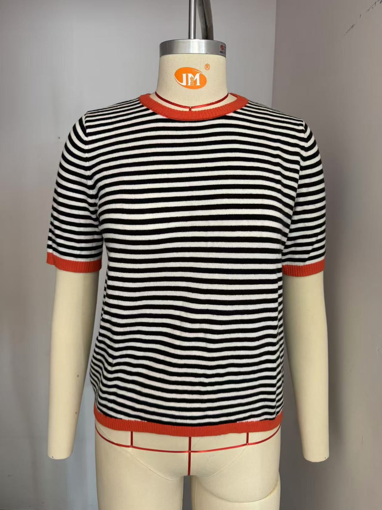 European and American women's round neck striped contrasting short sleeved casual sweater - Salim Fashion