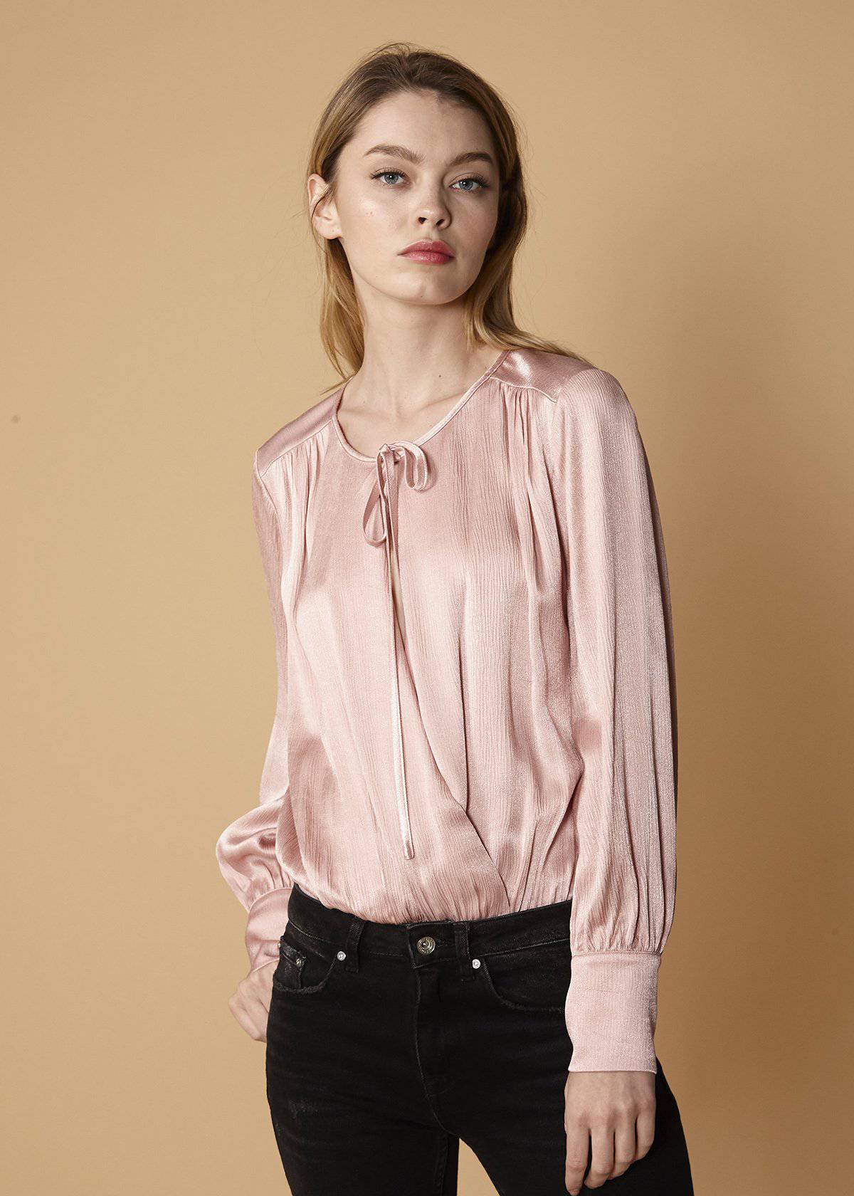 Tie-Neck Long Sleeve Bodysuit in Fall Pink - Salim Fashion