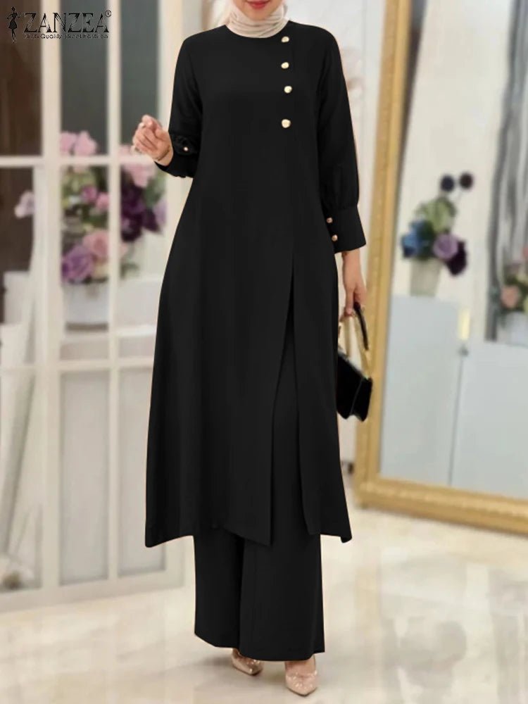 ZANZEA Elegant Women OL Work Pants Sets 2PCS Fashion Split Hem Long Shirt Wide Leg Trousers Suits Solid Muslim Sets Outifits
