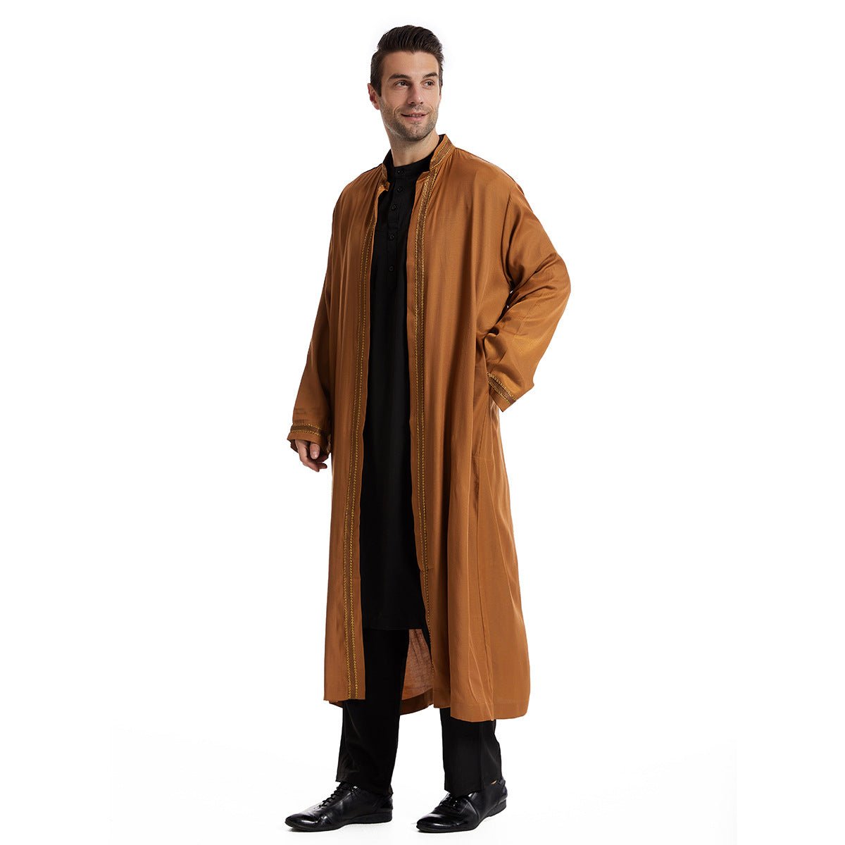 Men Open Abaya Muslim Saudi Jubba Thobe Islamic Clothing Ramadan Kimono Long Sleeve Robe Caftan Dubai Stand Collar Arabic
