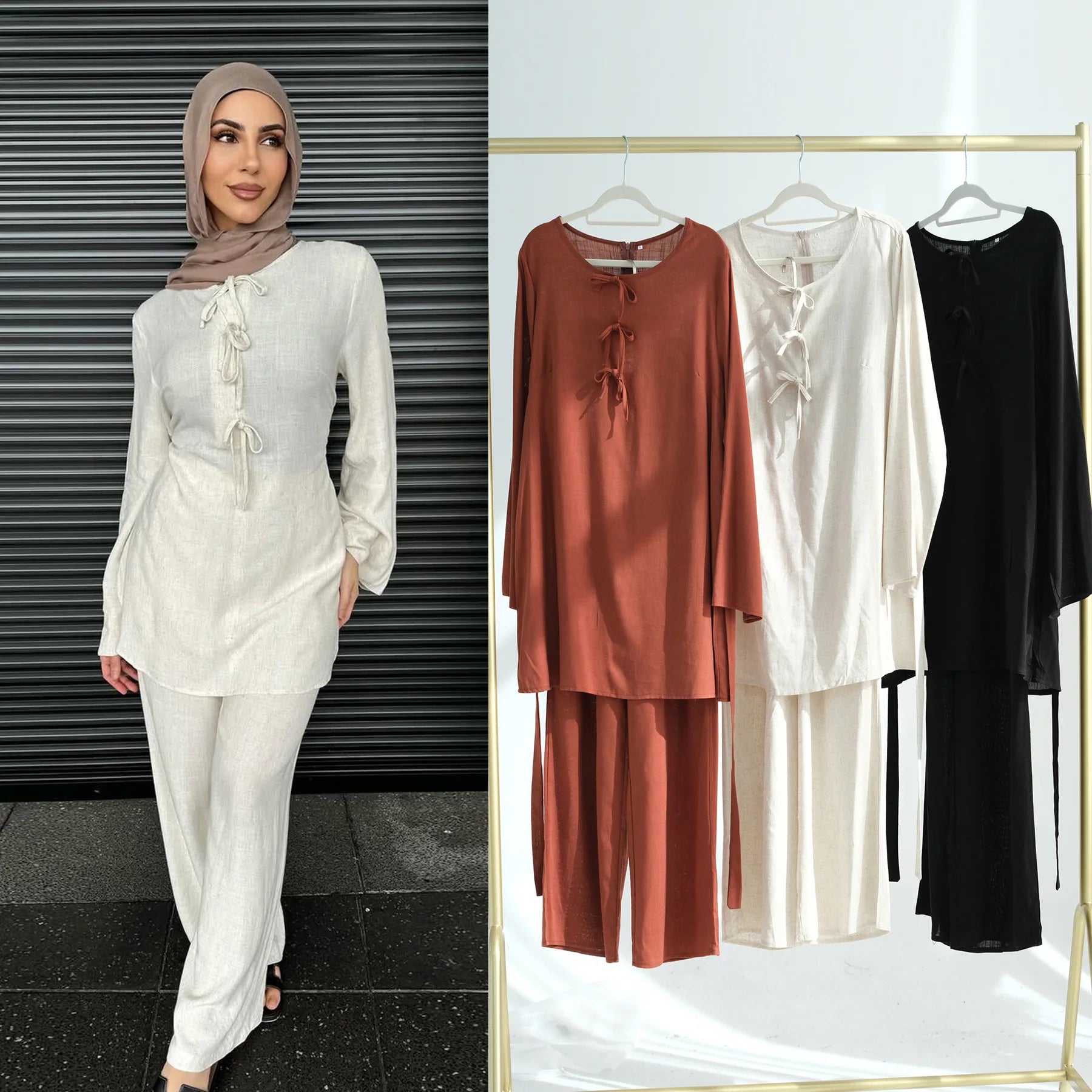 2025 Muslim Sets Two Piece Set Abaya Women Caftan Marocain Soild Top+Pant Suits Eid Ramadan Islam Clothing Ensembles Musulmans