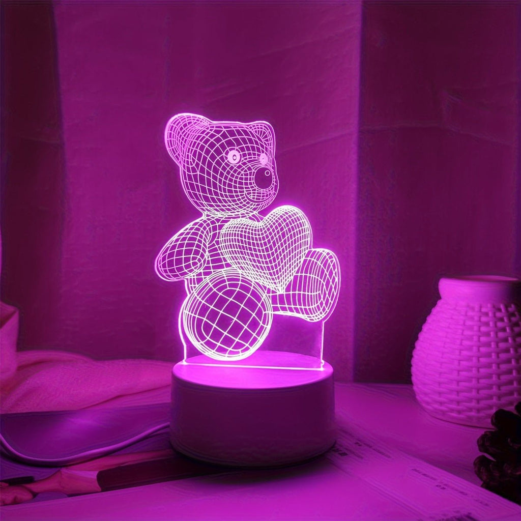 USB Romantic Pink Heart Bear 3D Night Light Decor - Salim Fashion