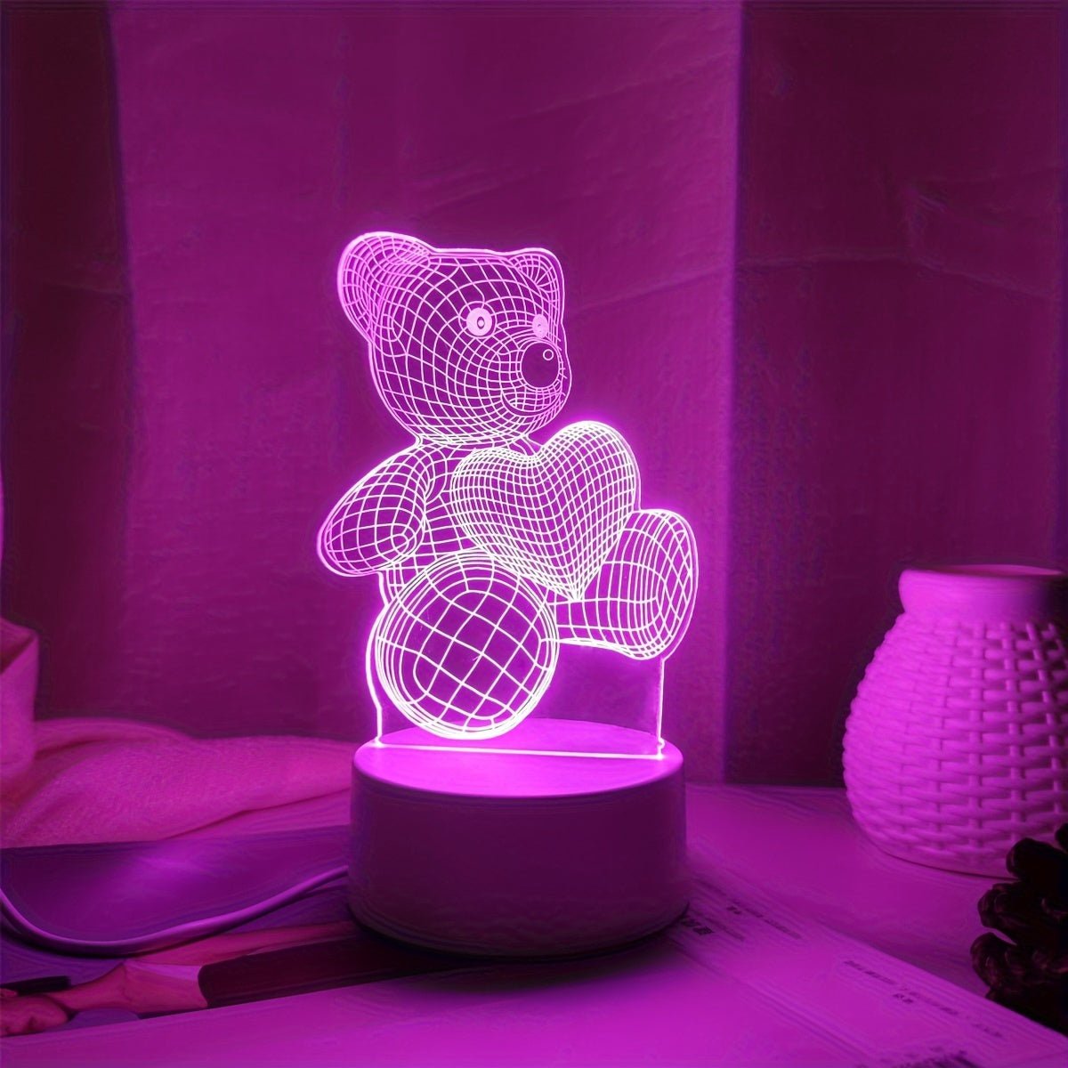 USB Romantic Pink Heart Bear 3D Night Light Decor - Salim Fashion