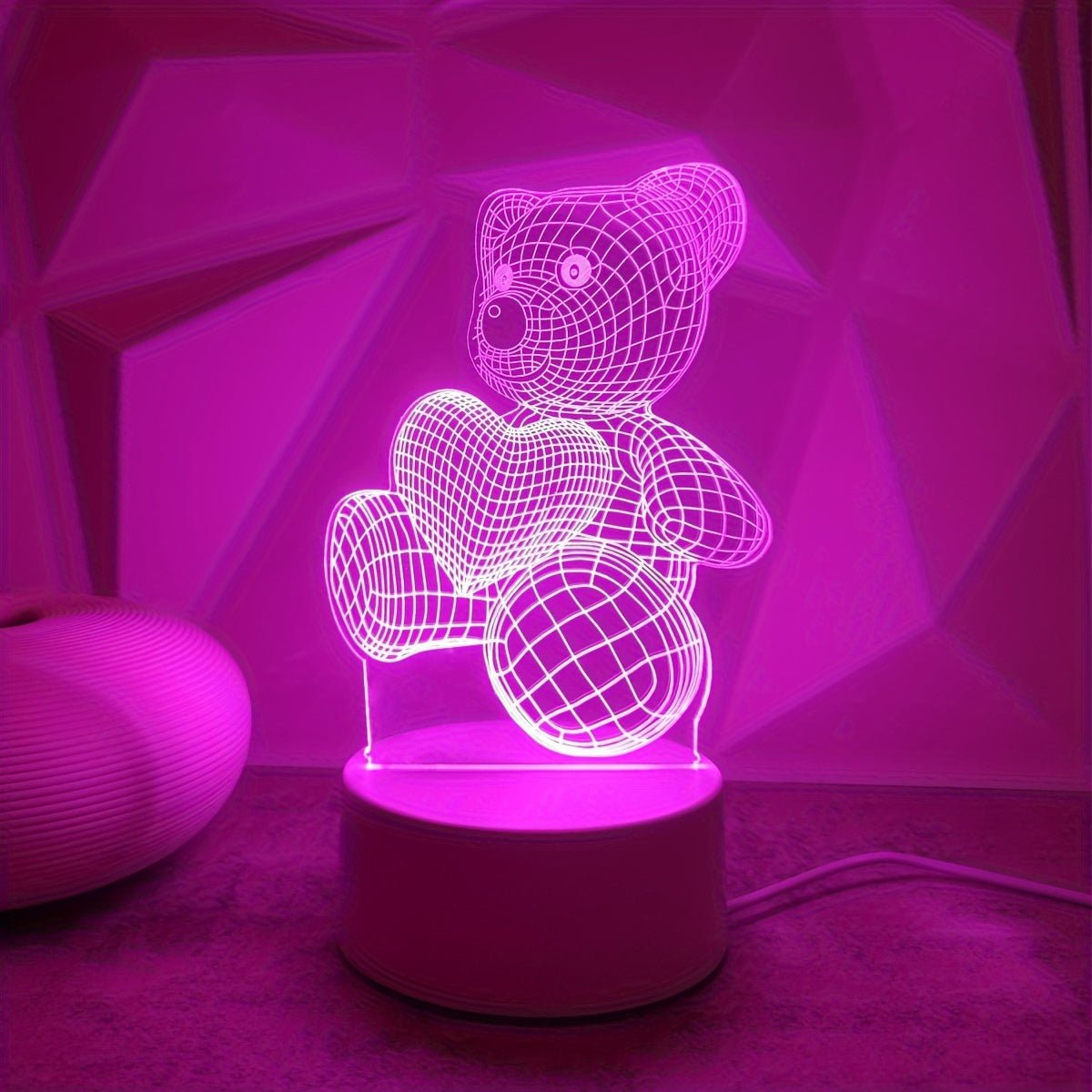 USB Romantic Pink Heart Bear 3D Night Light Decor - Salim Fashion