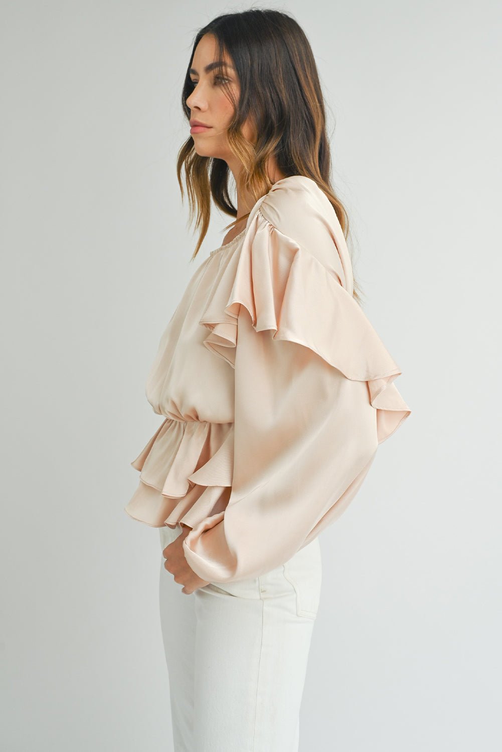 Oatmeal Lace-up Keyhole Back Ruffled Peplum Blouse - Salim Fashion