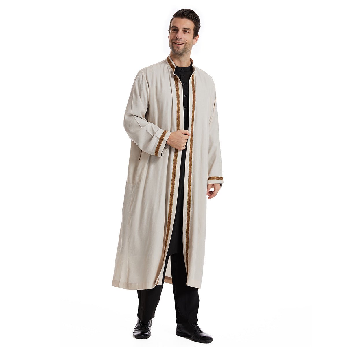 Men Open Abaya Muslim Saudi Jubba Thobe Islamic Clothing Ramadan Kimono Long Sleeve Robe Caftan Dubai Stand Collar Arabic