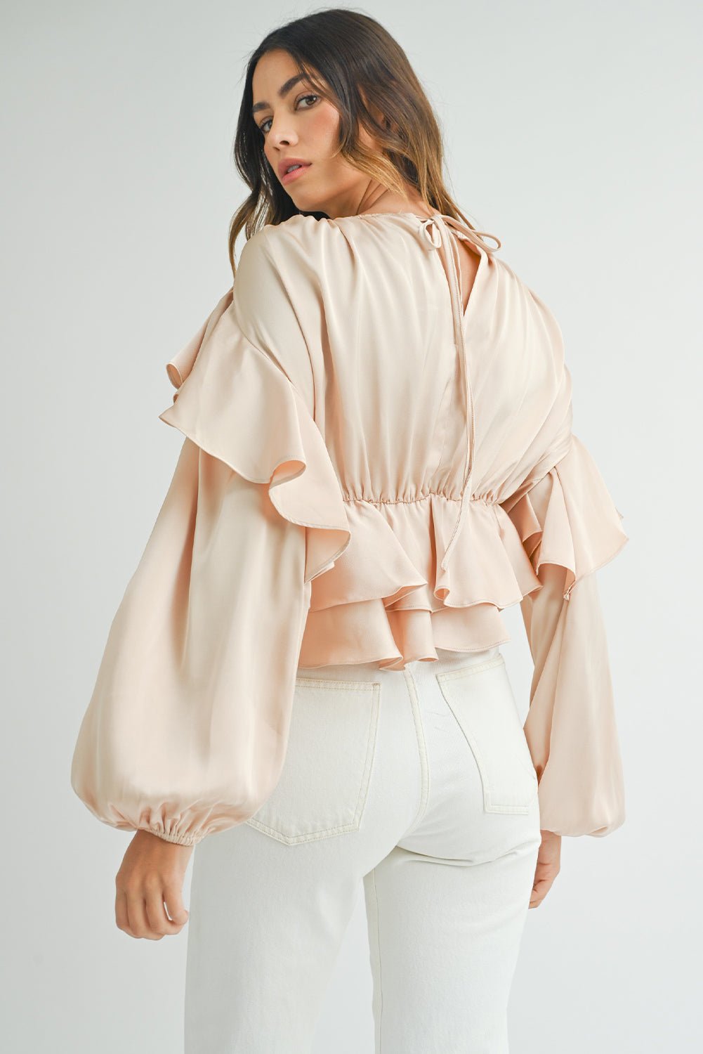 Oatmeal Lace-up Keyhole Back Ruffled Peplum Blouse - Salim Fashion