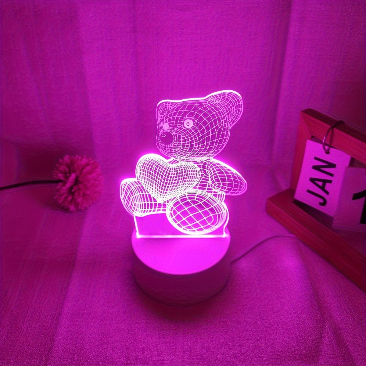 USB Romantic Pink Heart Bear 3D Night Light Decor - Salim Fashion