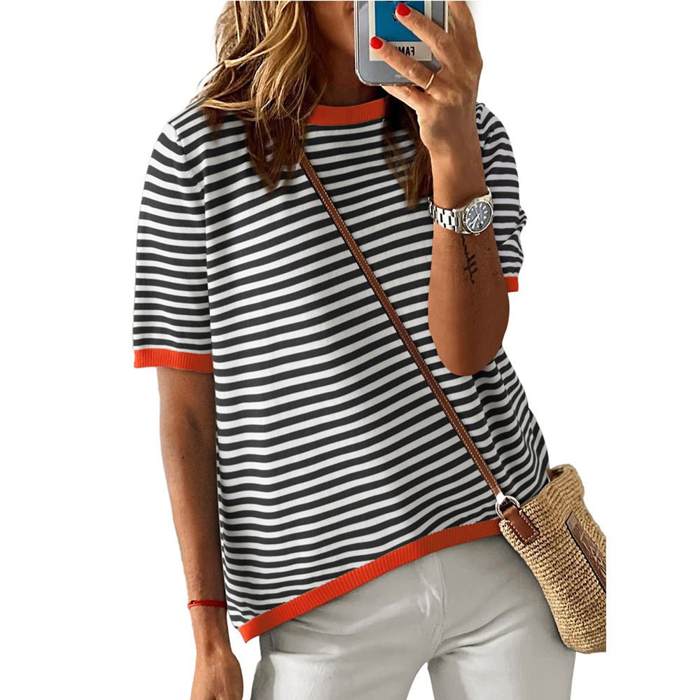 European and American women's round neck striped contrasting short sleeved casual sweater - Salim Fashion