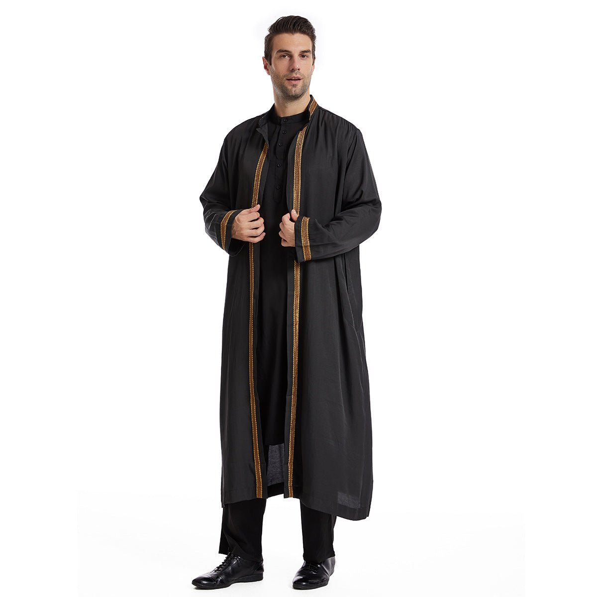 Men Open Abaya Muslim Saudi Jubba Thobe Islamic Clothing Ramadan Kimono Long Sleeve Robe Caftan Dubai Stand Collar Arabic