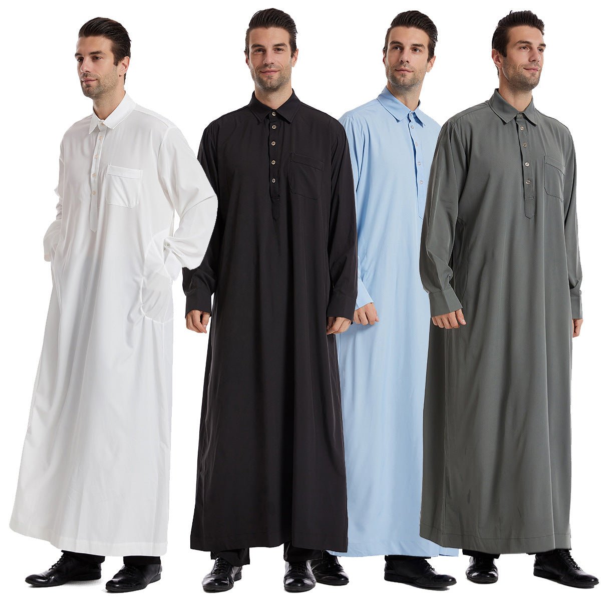 Islamic clothing men's solid color long sleeved loose Muslim suit Arab Kaftan solid color standing collar men's robe
