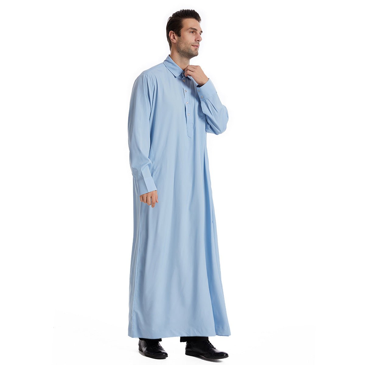 Islamic clothing men's solid color long sleeved loose Muslim suit Arab Kaftan solid color standing collar men's robe