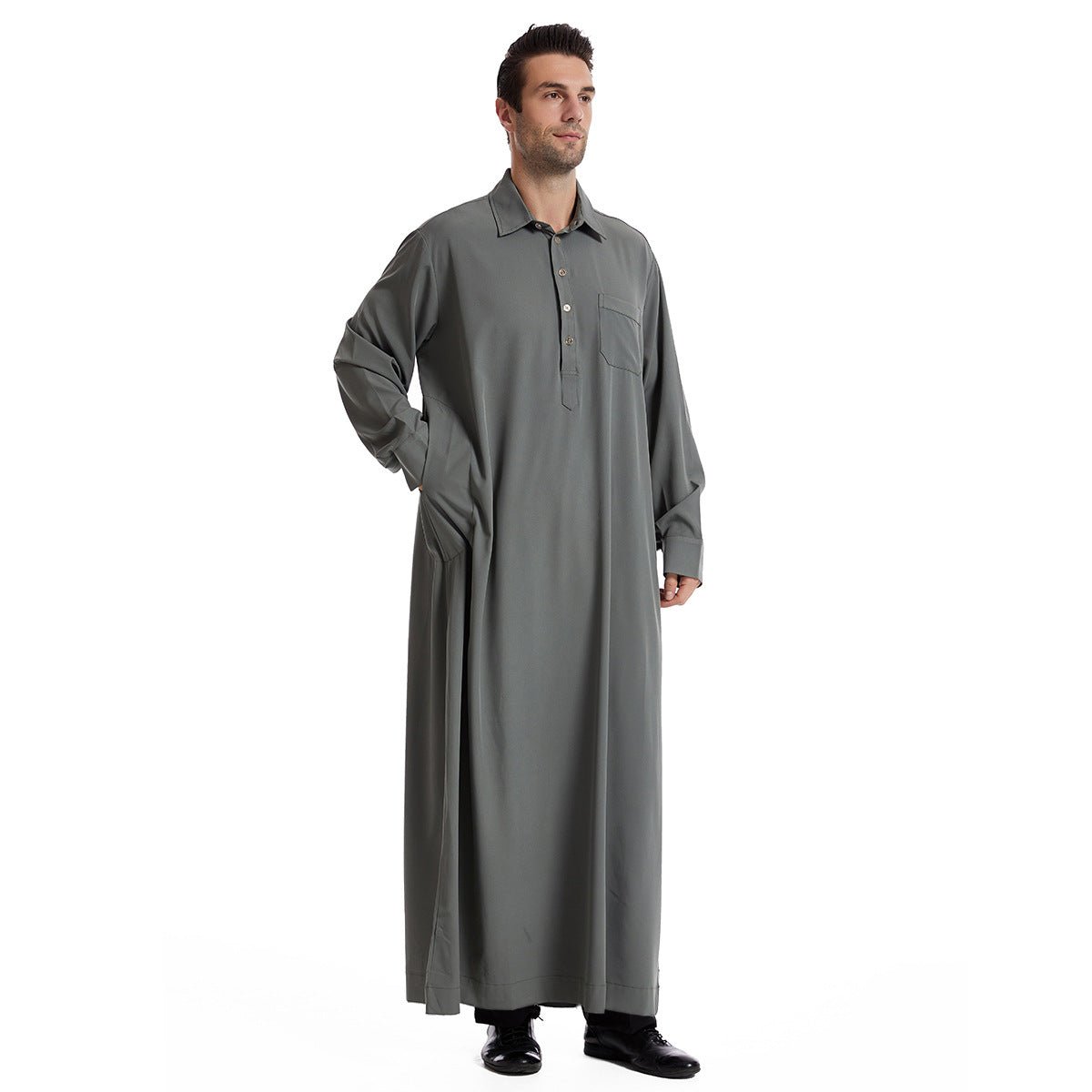 Islamic clothing men's solid color long sleeved loose Muslim suit Arab Kaftan solid color standing collar men's robe