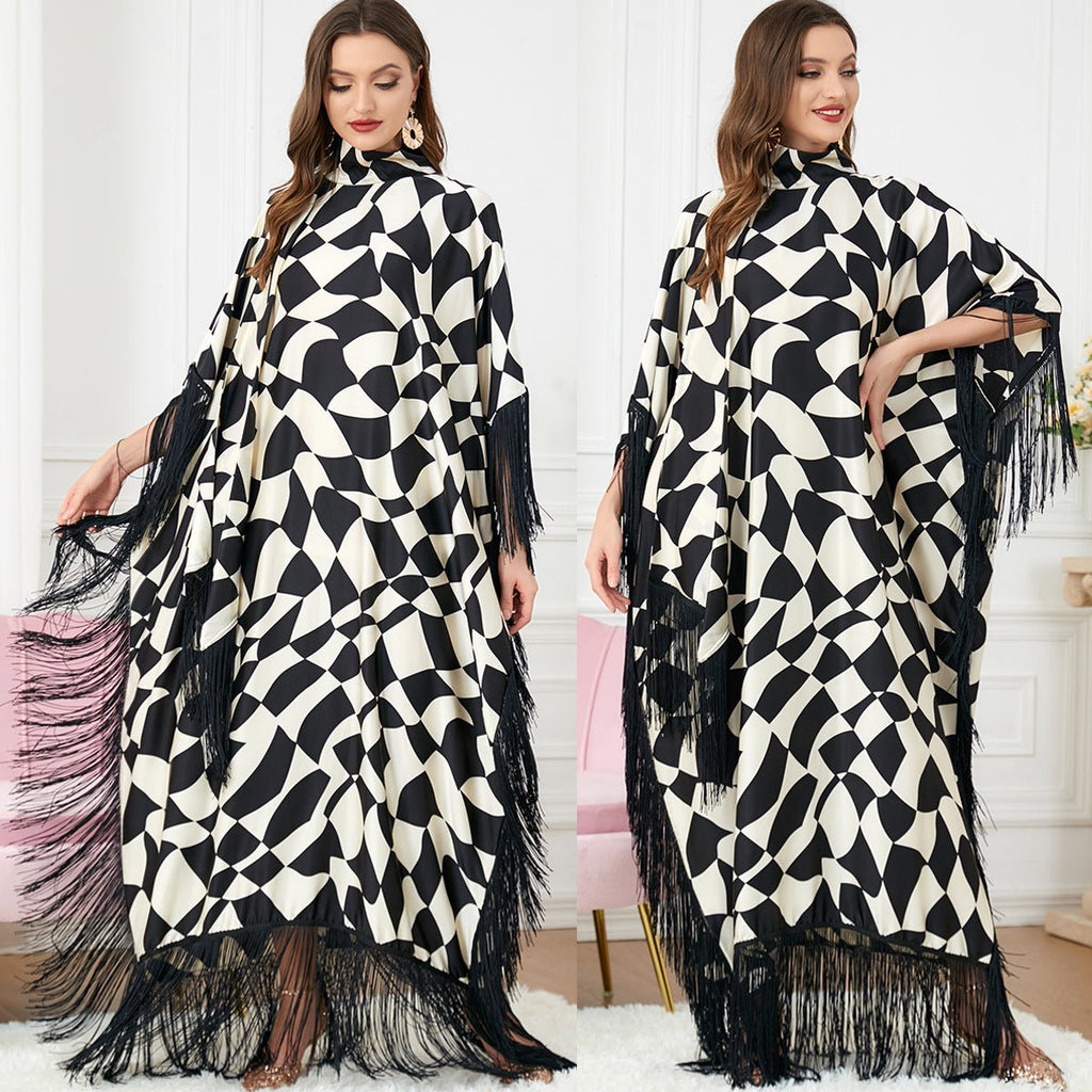 Women Fashion Tassel Zebra Print Batwing Sleeve Black Turkey Dress Islam Ramadan