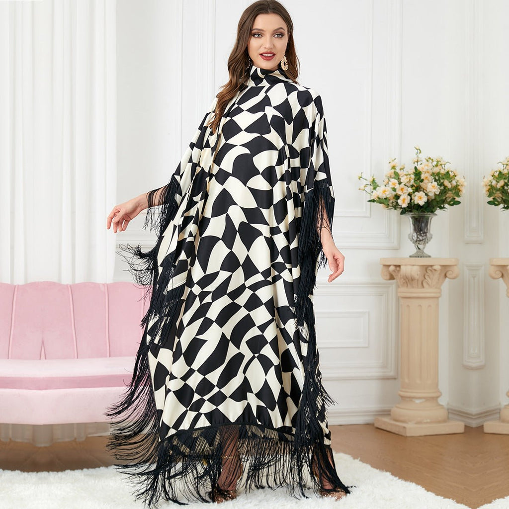 Women Fashion Tassel Zebra Print Batwing Sleeve Black Turkey Dress Islam Ramadan