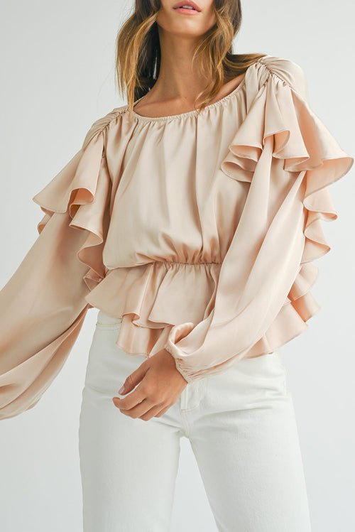 Oatmeal Lace-up Keyhole Back Ruffled Peplum Blouse - Salim Fashion