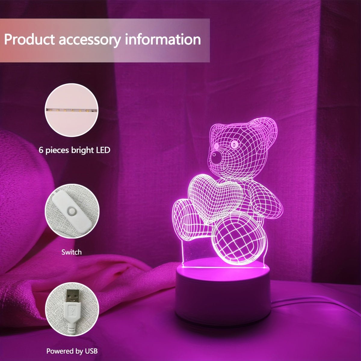 USB Romantic Pink Heart Bear 3D Night Light Decor - Salim Fashion