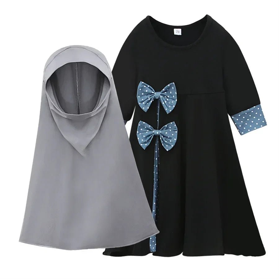 Abaya for Kid Muslim Hijab Prayer Dress Girls Dubai Kaftan Islamic Clothing 2 Piece Ramadan Sets Eid Headscarf Long Robe bowknot