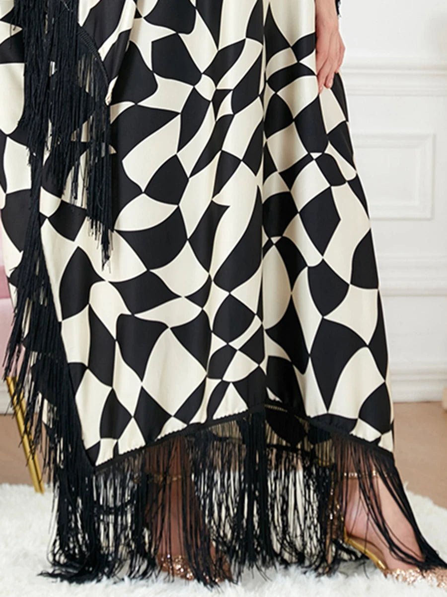 Women Fashion Tassel Zebra Print Batwing Sleeve Black Turkey Dress Islam Ramadan
