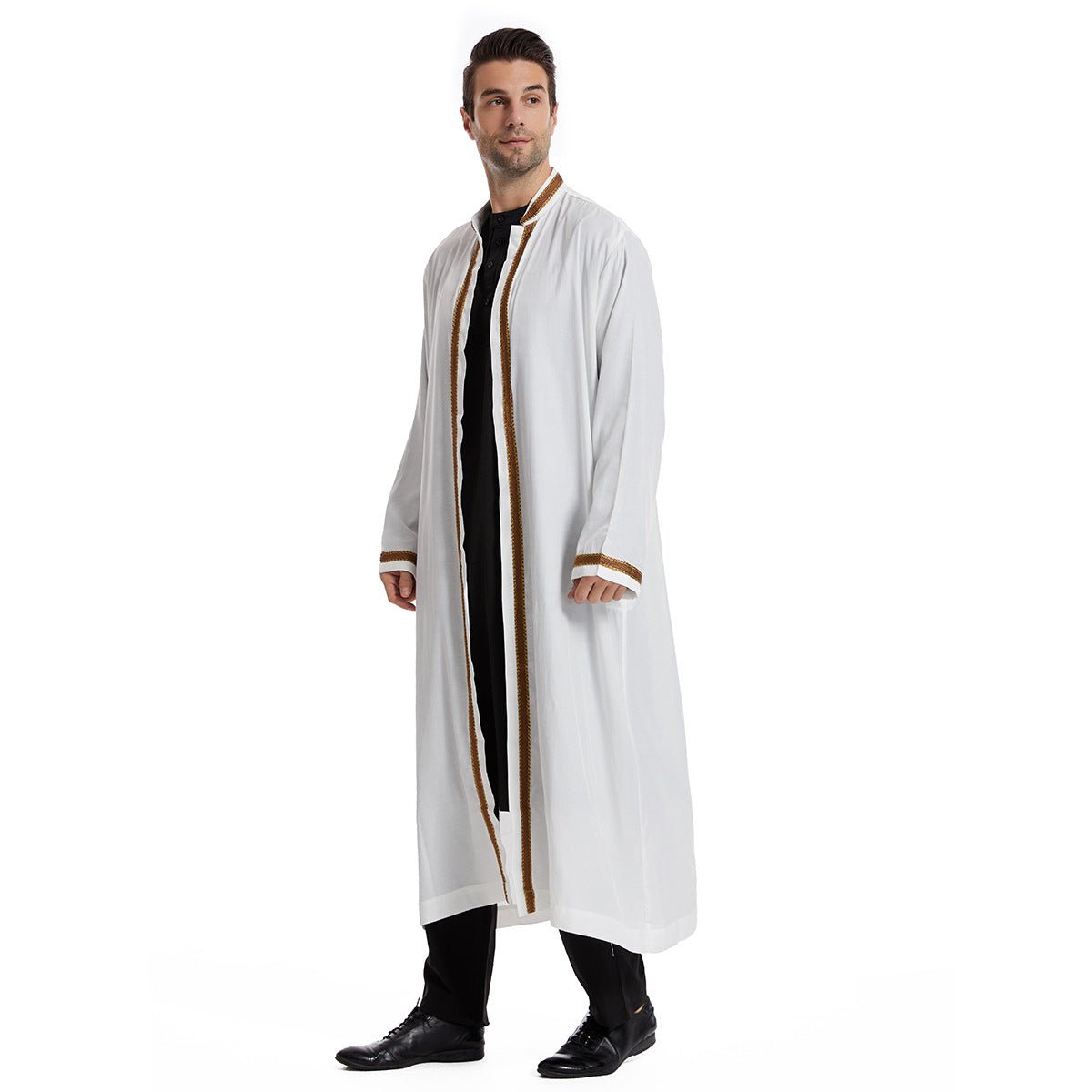 Men Open Abaya Muslim Saudi Jubba Thobe Islamic Clothing Ramadan Kimono Long Sleeve Robe Caftan Dubai Stand Collar Arabic