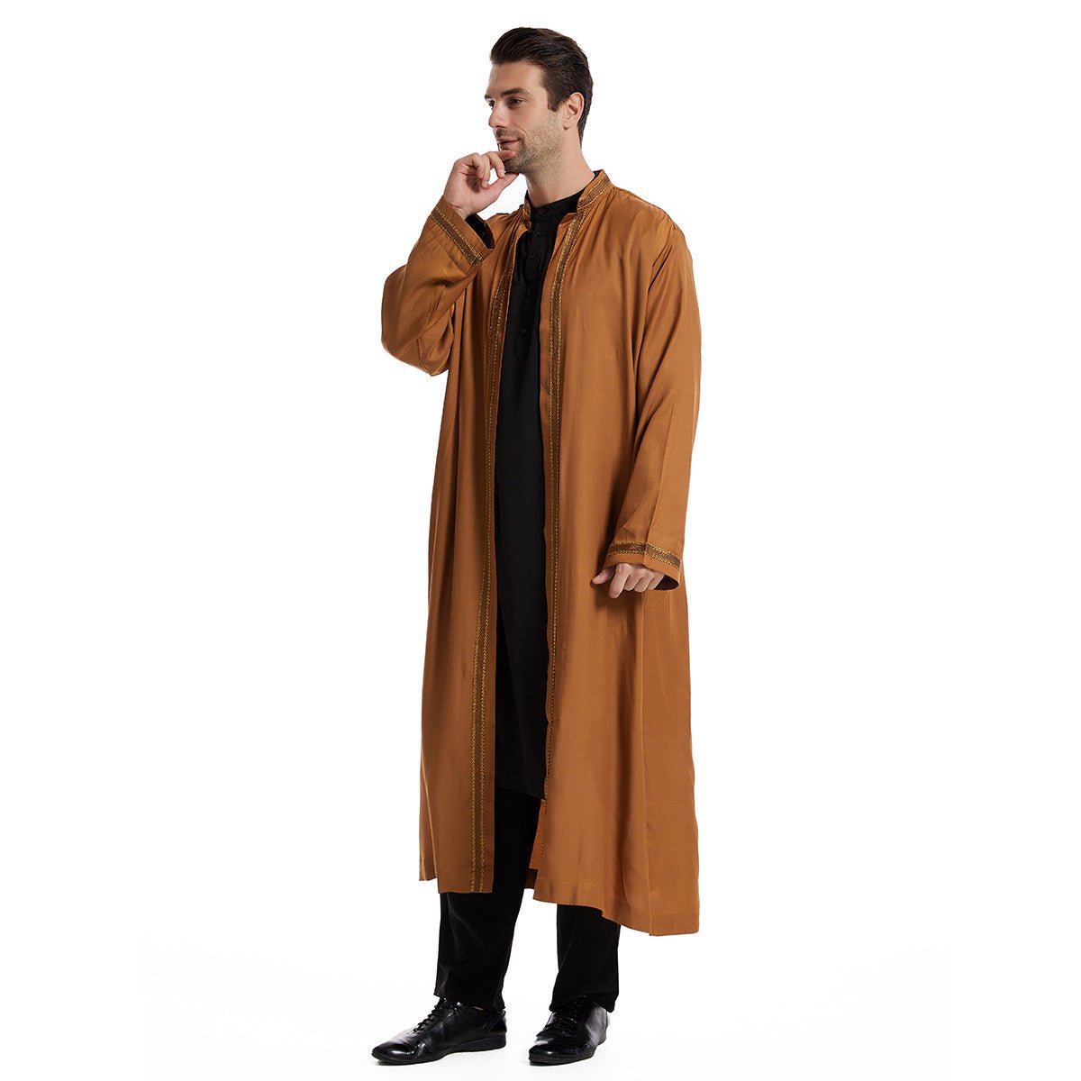 Men Open Abaya Muslim Saudi Jubba Thobe Islamic Clothing Ramadan Kimono Long Sleeve Robe Caftan Dubai Stand Collar Arabic