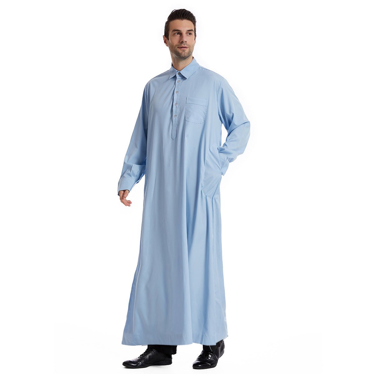 Islamic clothing men's solid color long sleeved loose Muslim suit Arab Kaftan solid color standing collar men's robe
