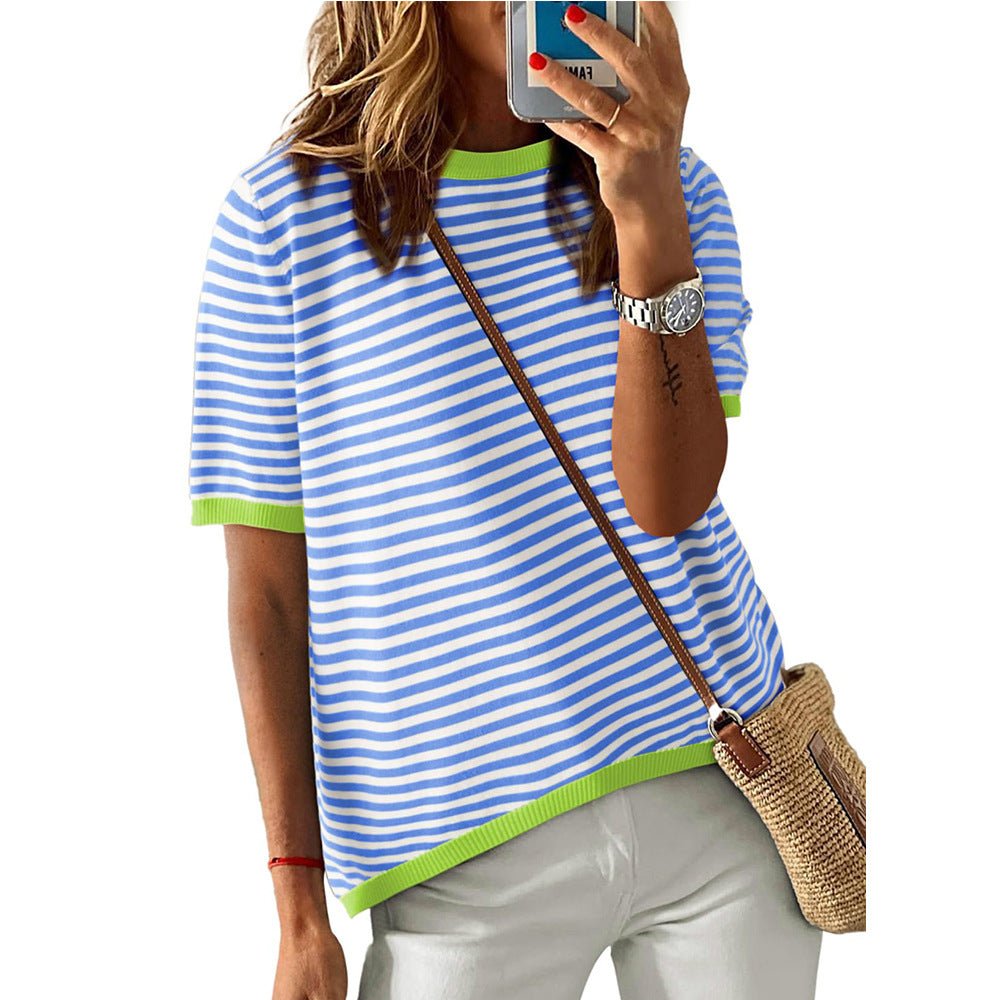 European and American women's round neck striped contrasting short sleeved casual sweater - Salim Fashion