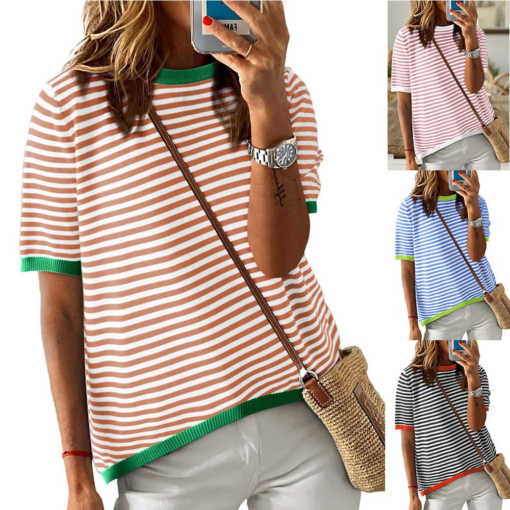 European and American women's round neck striped contrasting short sleeved casual sweater - Salim Fashion