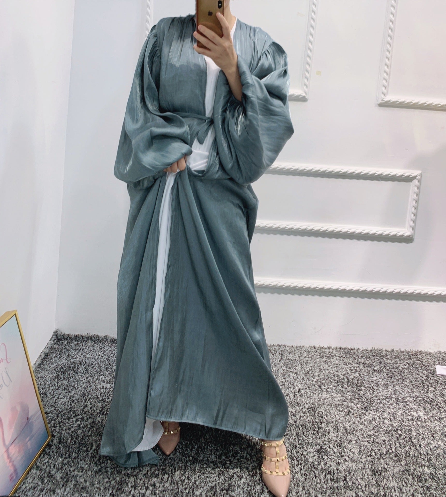 Elegant Puff Sleeve Dubai Turkey Abayas For Women Islam Cardigan