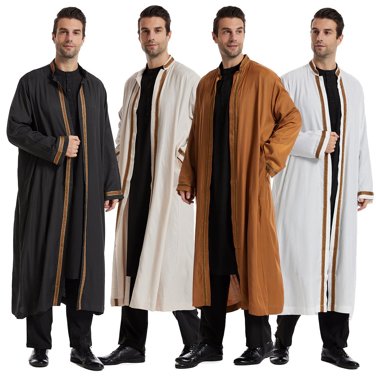 Men Open Abaya Muslim Saudi Jubba Thobe Islamic Clothing Ramadan Kimono Long Sleeve Robe Caftan Dubai Stand Collar Arabic