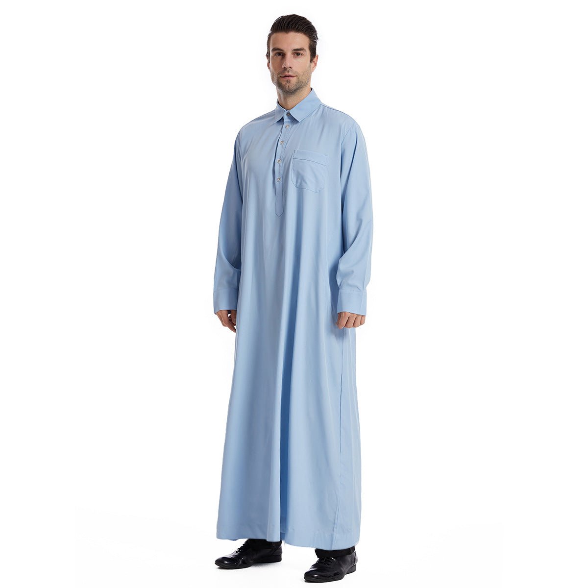Islamic clothing men's solid color long sleeved loose Muslim suit Arab Kaftan solid color standing collar men's robe
