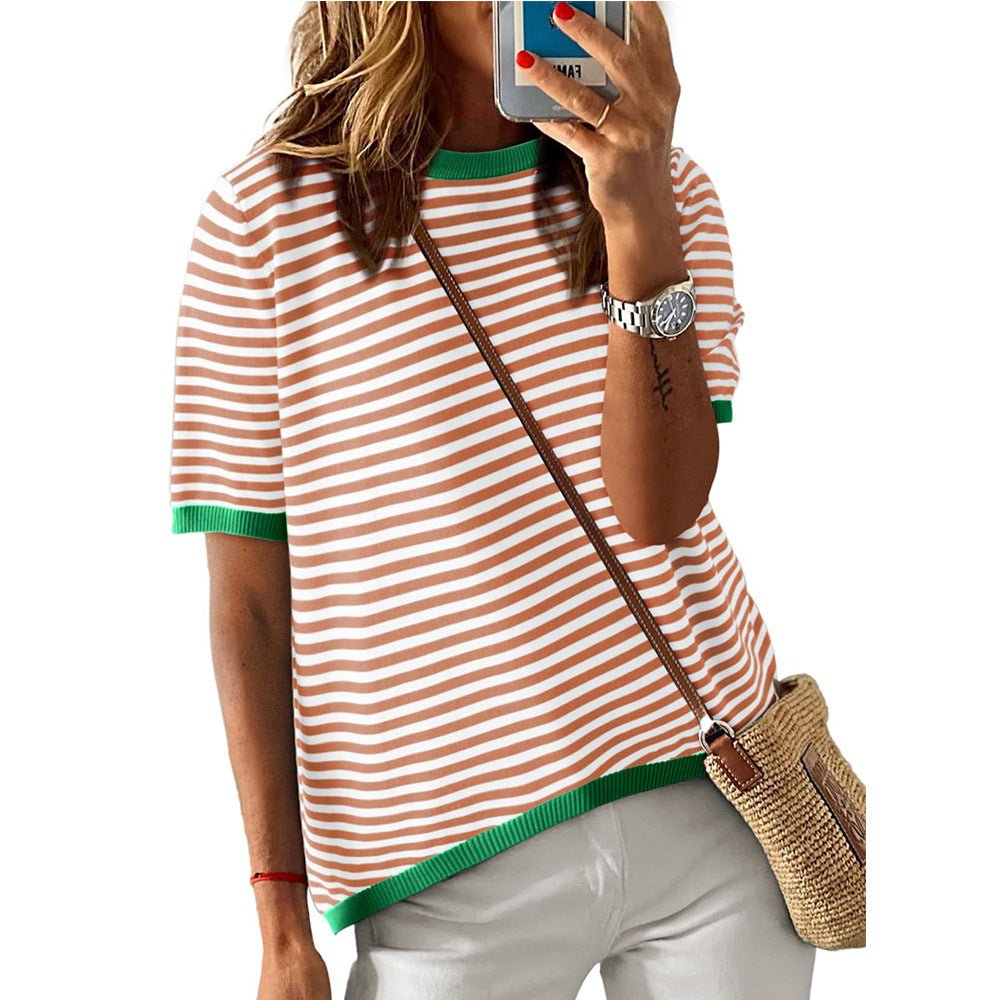 European and American women's round neck striped contrasting short sleeved casual sweater - Salim Fashion