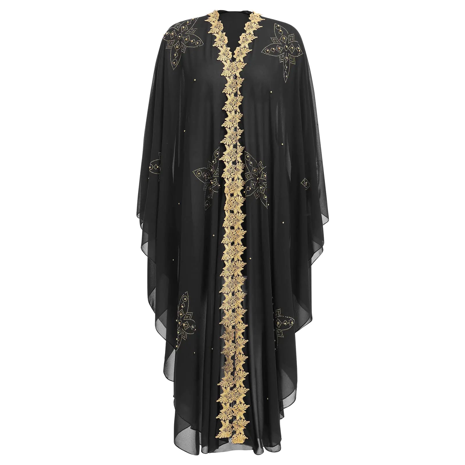Women Muslim Cardigan Hijab Dress Batwing Hot Drilling Chiffon Kimono Islam Kaftan Robe African Dresses Black 01 One Size