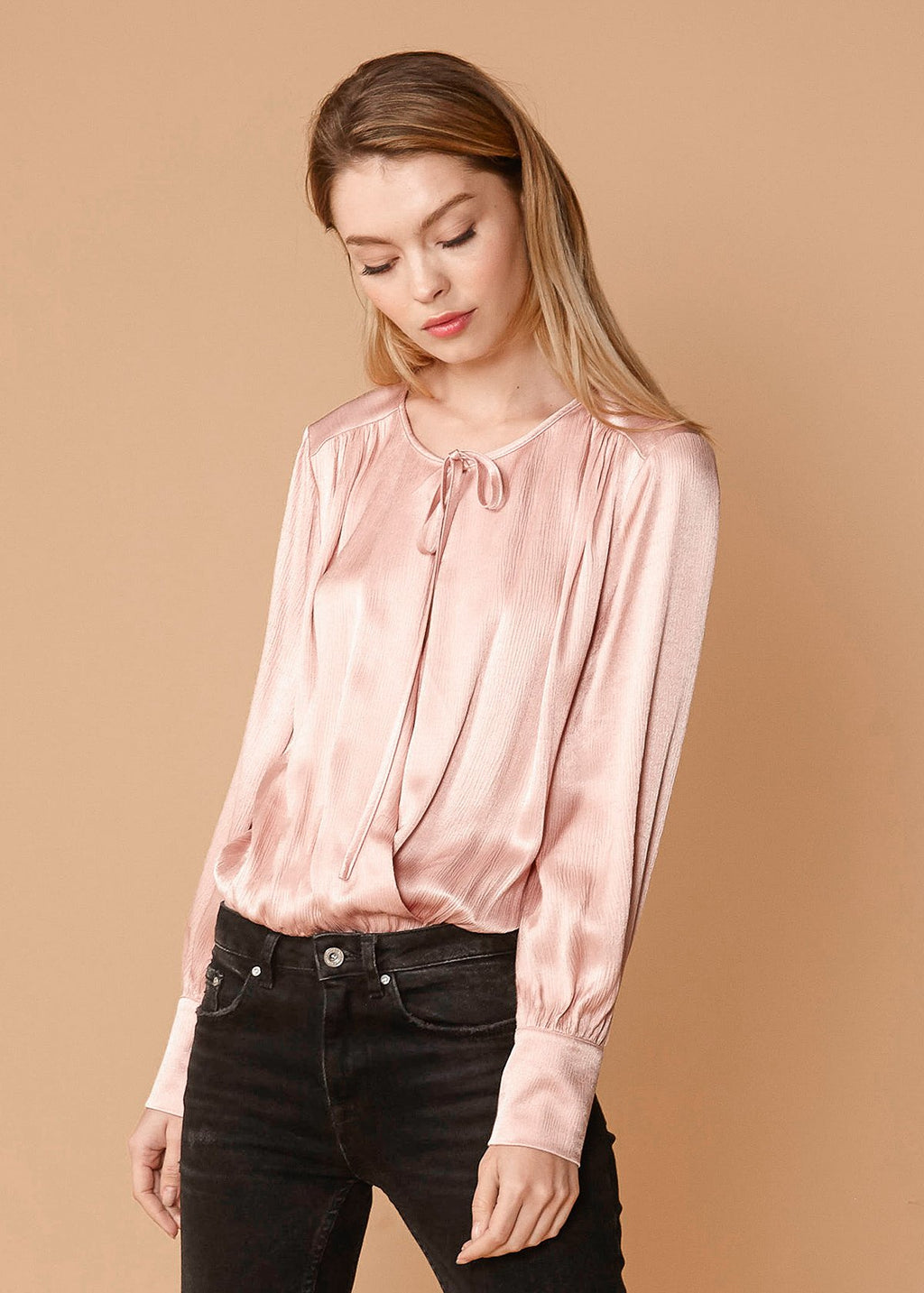 Tie-Neck Long Sleeve Bodysuit in Fall Pink - Salim Fashion