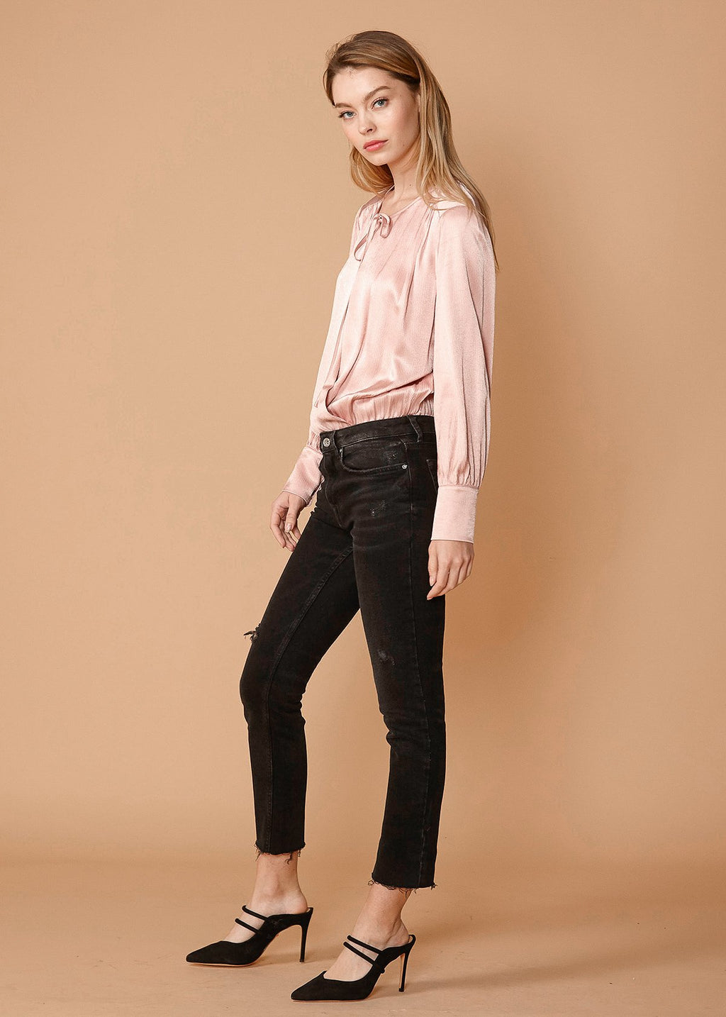 Tie-Neck Long Sleeve Bodysuit in Fall Pink - Salim Fashion