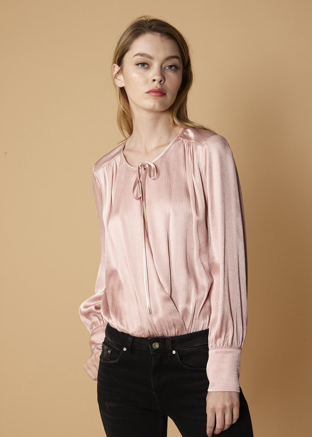 Tie-Neck Long Sleeve Bodysuit in Fall Pink - Salim Fashion