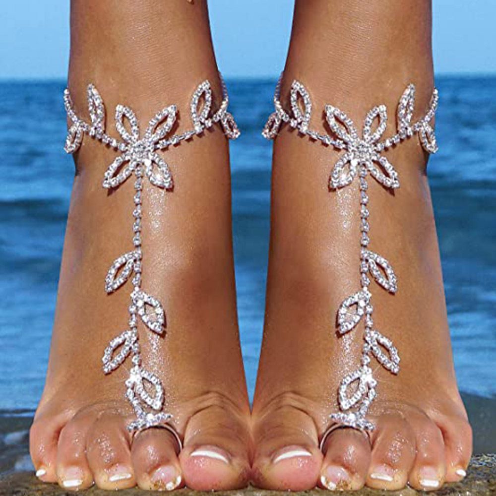 1PC Beach Wedding Jewelry Anklet with Rhinestone Toe Ring Leaf Bridal - Salim Fashion