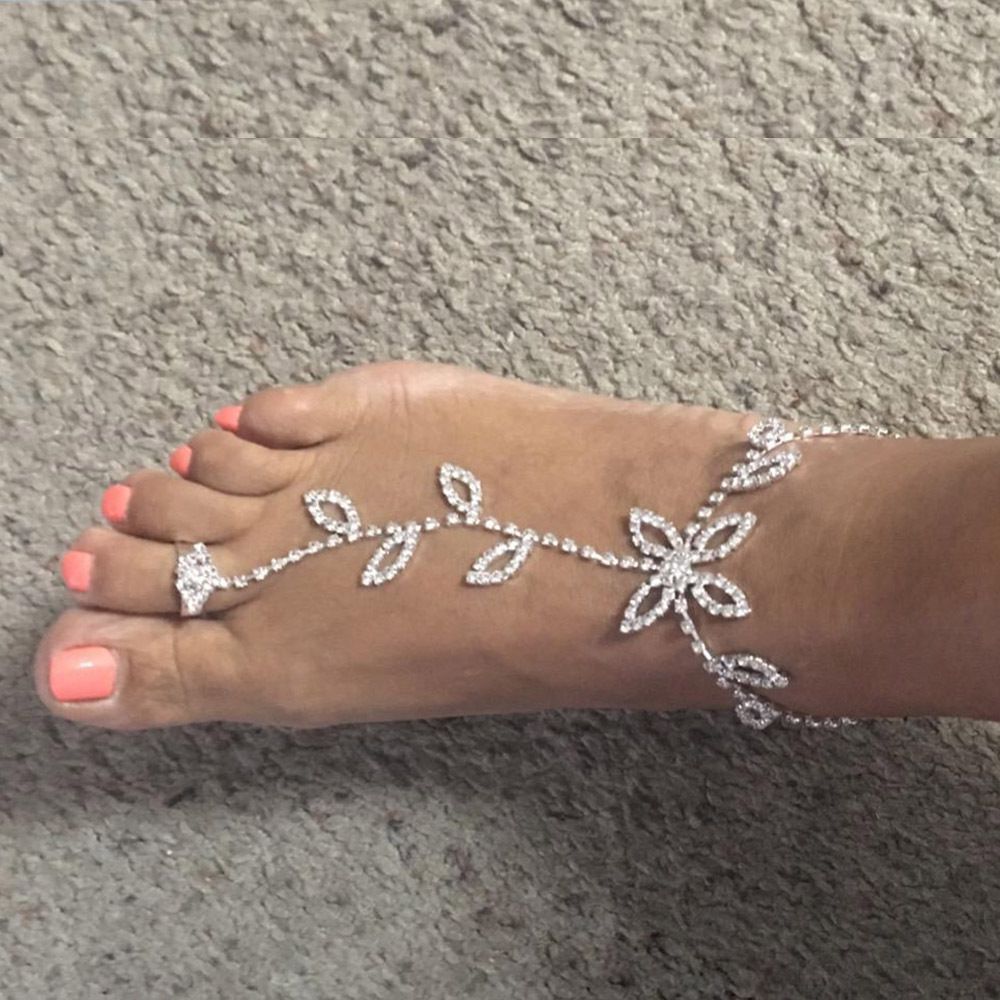 1PC Beach Wedding Jewelry Anklet with Rhinestone Toe Ring Leaf Bridal - Salim Fashion