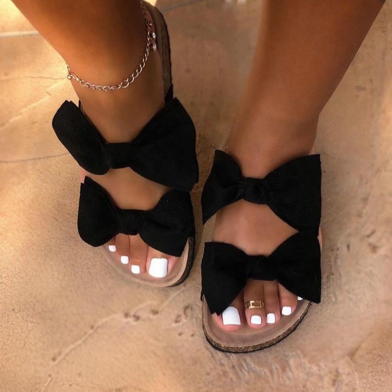 Women Slides 2 Straps Comfy Bow Slide Sandals Black - Salim Fashion