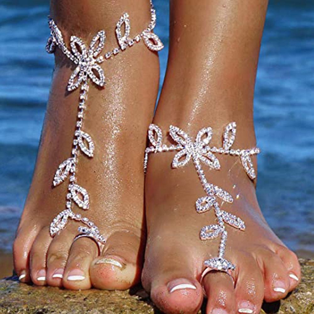 1PC Beach Wedding Jewelry Anklet with Rhinestone Toe Ring Leaf Bridal - Salim Fashion