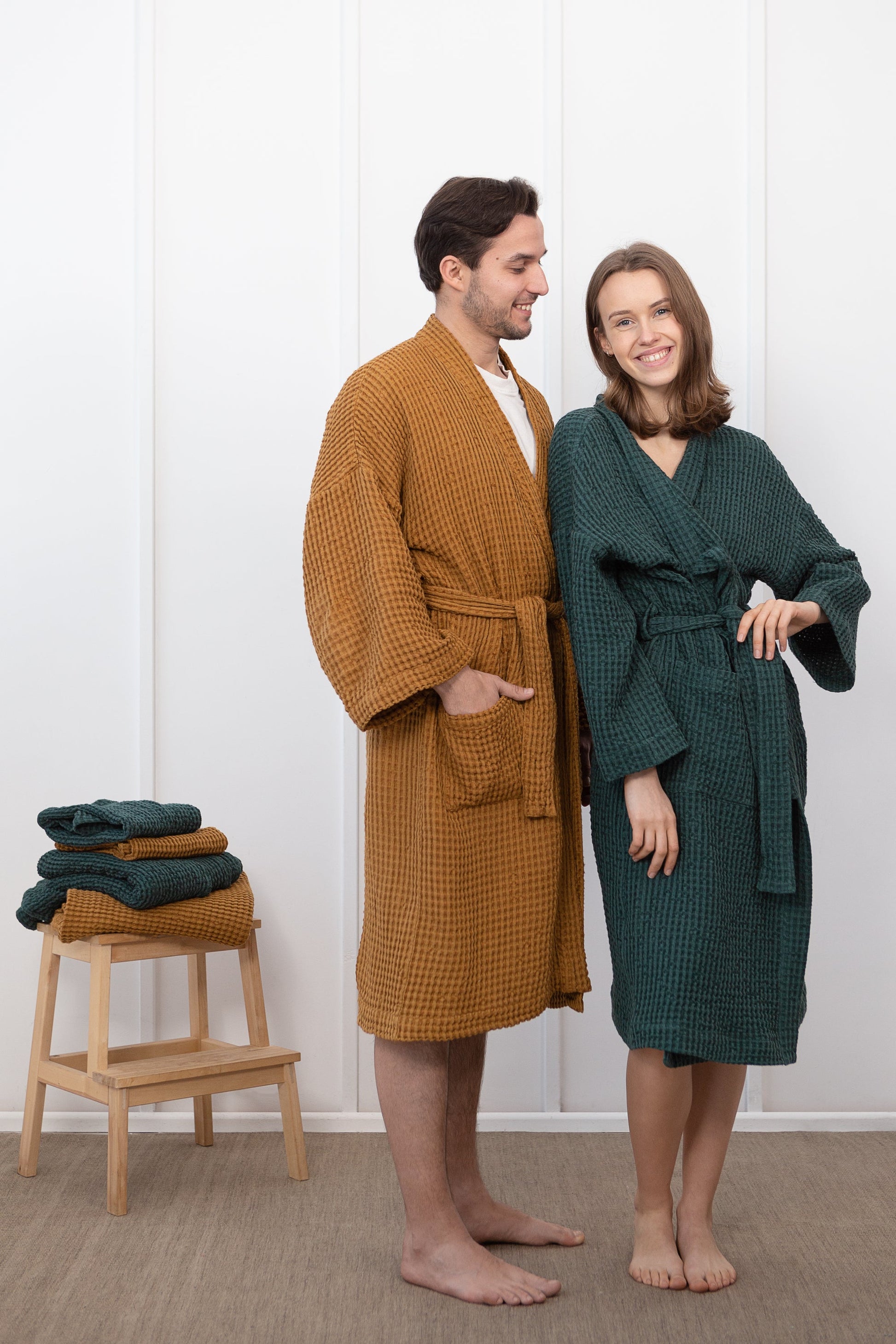 Set of linen waffle robes with towels - Salim Fashion