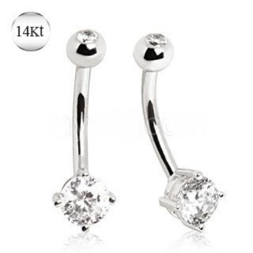 14Kt White Gold Navel Ring with Prong Set CZ - Salim Fashion