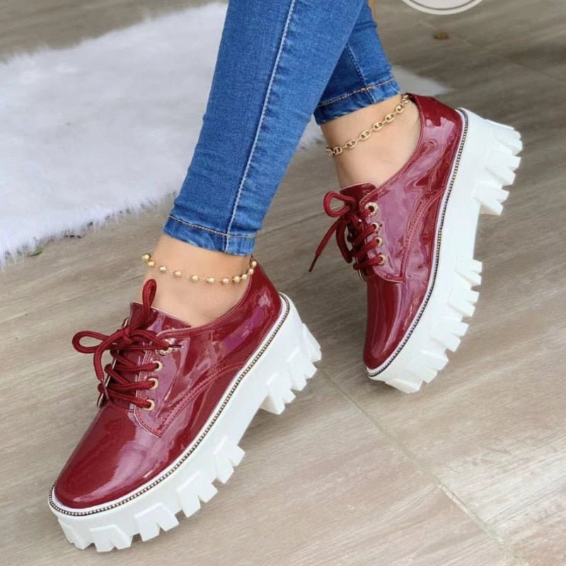 Thick Heel Flat Platform Oxford Women Shoes Pink/Red/Black - Salim Fashion